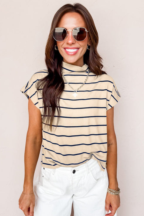 Striped Pattern Mock Neck Short Sleeve Loose Top