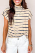 Striped Pattern Mock Neck Short Sleeve Loose Top