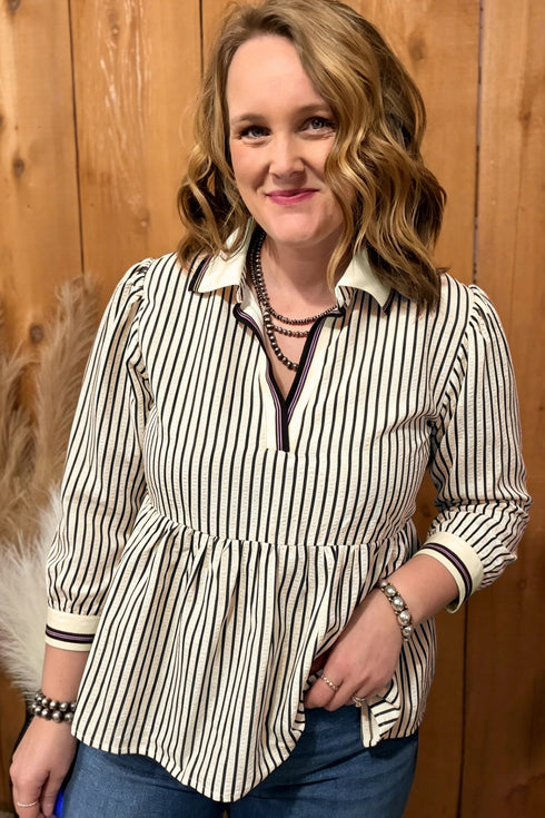 Striped Pattern Patchwork V Neck Tunic Blouse