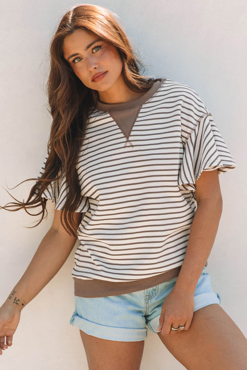 Striped Pattern Short Ruffle Sleeve Round Neck Top