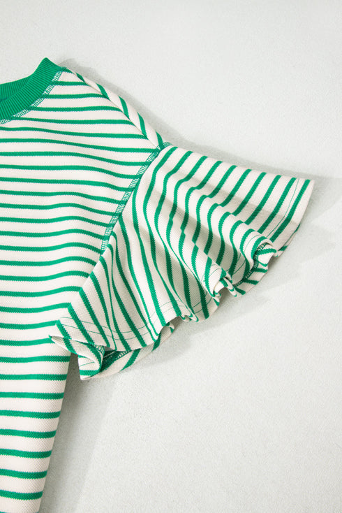 Striped Pattern Short Ruffle Sleeve Round Neck Top