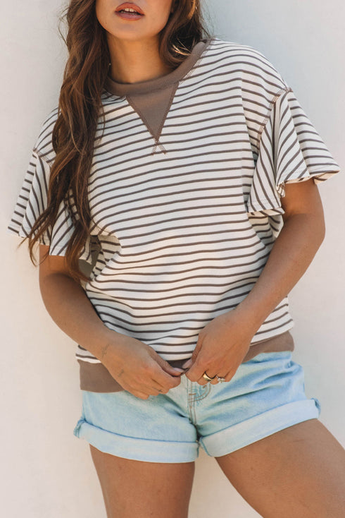 Striped Pattern Short Ruffle Sleeve Round Neck Top