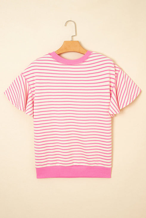 Striped Pattern Short Ruffle Sleeve Round Neck Top