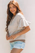 Striped Pattern Short Ruffle Sleeve Round Neck Top
