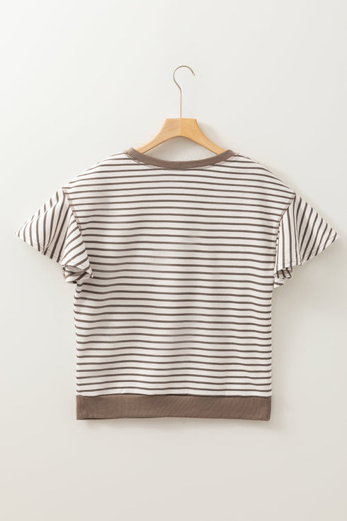 Striped Pattern Short Ruffle Sleeve Round Neck Top