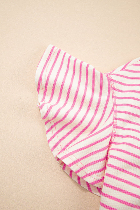 Striped Pattern Short Ruffle Sleeve Round Neck Top