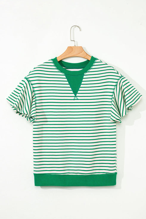 Striped Pattern Short Ruffle Sleeve Round Neck Top