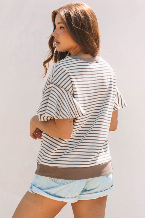 Striped Pattern Short Ruffle Sleeve Round Neck Top