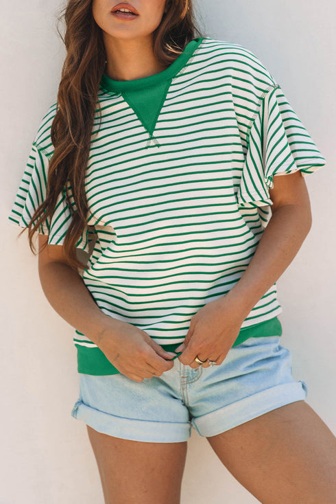 Striped Pattern Short Ruffle Sleeve Round Neck Top