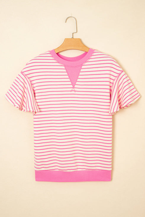 Striped Pattern Short Ruffle Sleeve Round Neck Top
