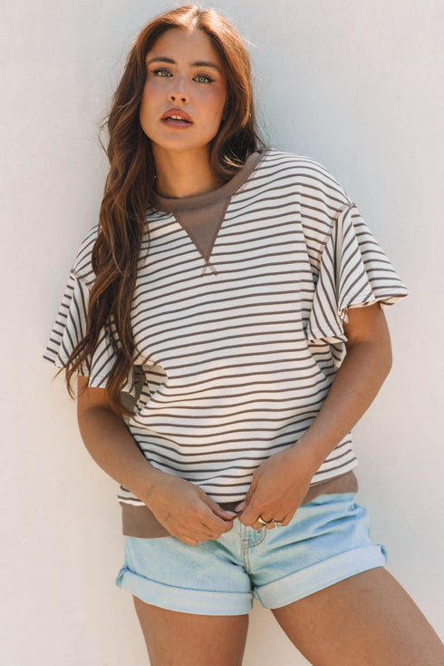 Striped Pattern Short Ruffle Sleeve Round Neck Top