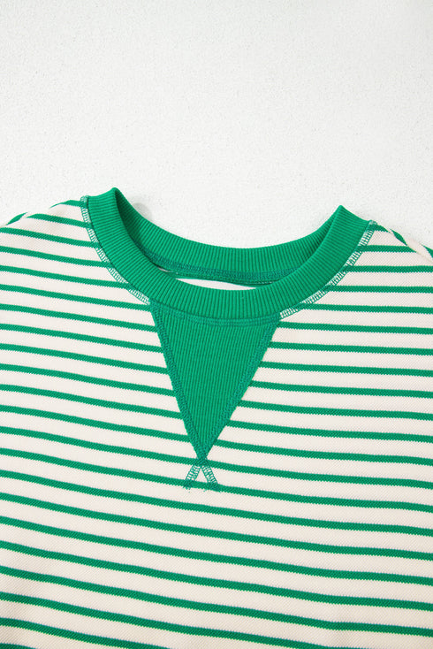 Striped Pattern Short Ruffle Sleeve Round Neck Top