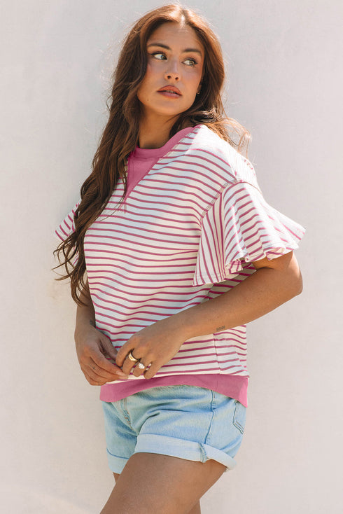 Striped Pattern Short Ruffle Sleeve Round Neck Top