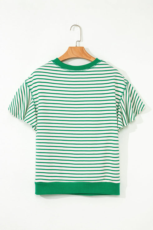 Striped Pattern Short Ruffle Sleeve Round Neck Top