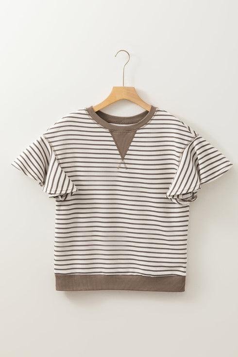 Striped Pattern Short Ruffle Sleeve Round Neck Top