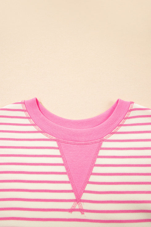 Striped Pattern Short Ruffle Sleeve Round Neck Top
