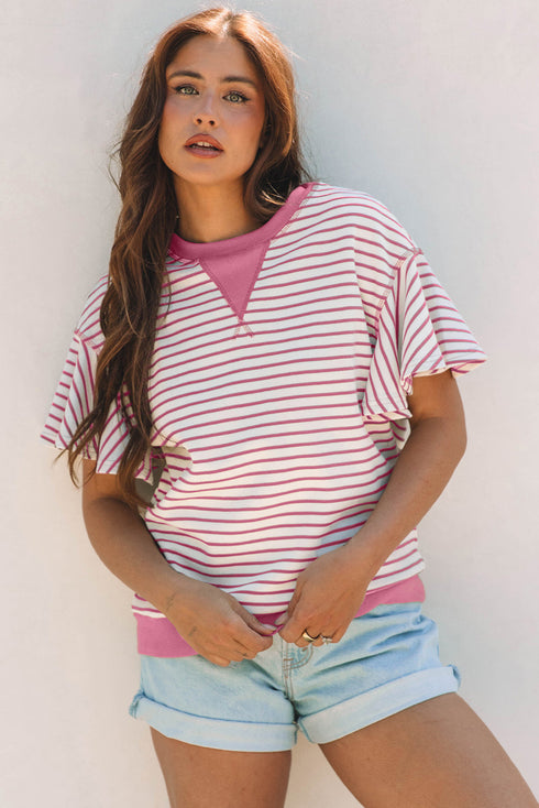 Striped Pattern Short Ruffle Sleeve Round Neck Top