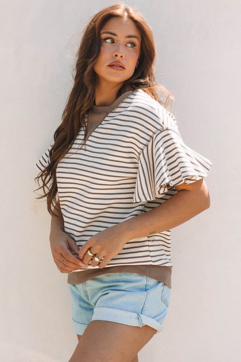 Striped Pattern Short Ruffle Sleeve Round Neck Top