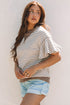 Striped Pattern Short Ruffle Sleeve Round Neck Top