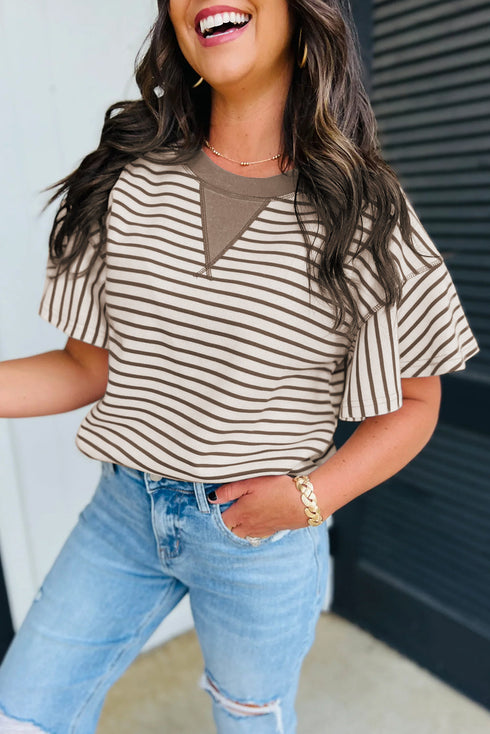 Striped Pattern Short Ruffle Sleeve Round Neck Top