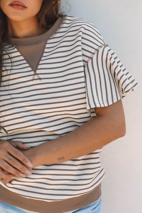 Striped Pattern Short Ruffle Sleeve Round Neck Top