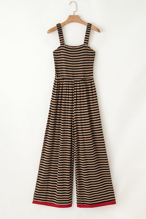 Striped Pattern Square Neck Shirred Wide Leg Jumpsuit