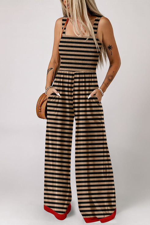 Striped Pattern Square Neck Shirred Wide Leg Jumpsuit