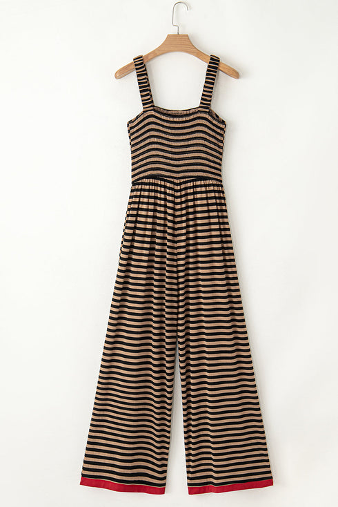 Striped Pattern Square Neck Shirred Wide Leg Jumpsuit