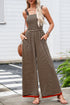Striped Pattern Square Neck Shirred Wide Leg Jumpsuit