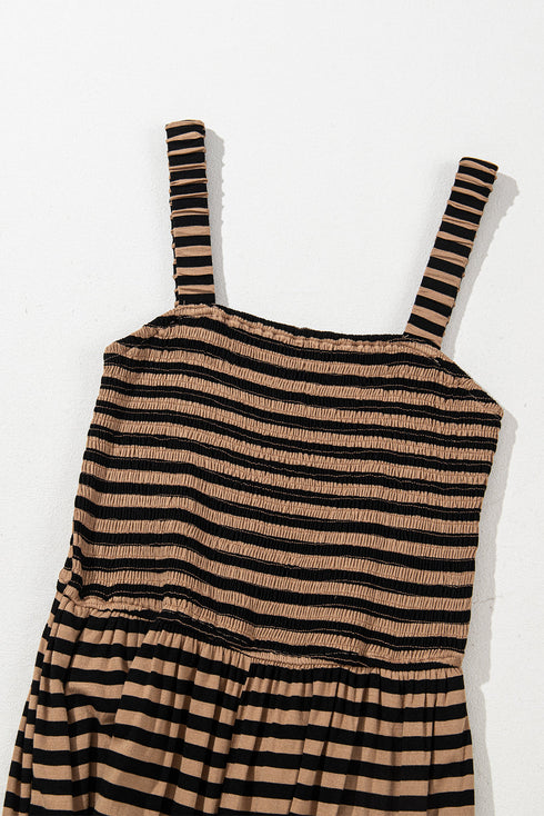 Striped Pattern Square Neck Shirred Wide Leg Jumpsuit