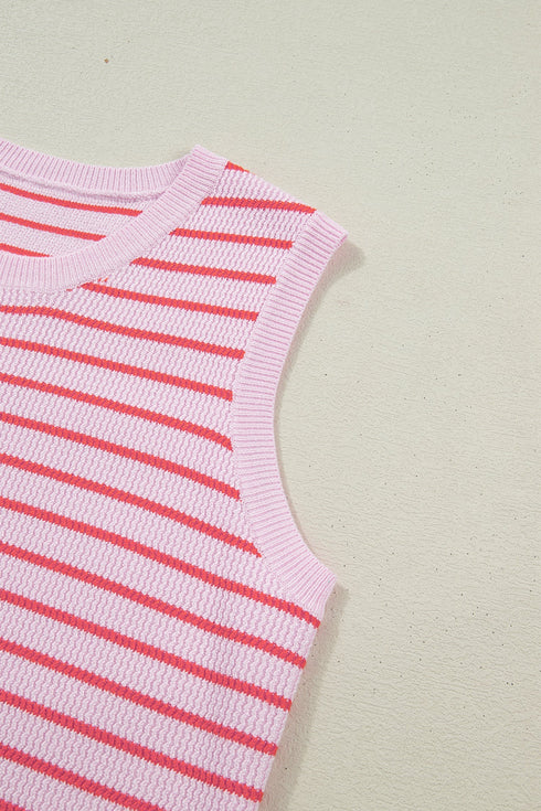 Striped Pattern Textured Knit Sleeveless Sweater Vest