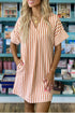 Striped Pinched V Neck Cuffed Shift Mini Dress