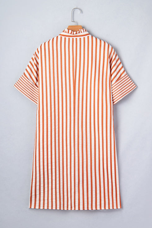 Striped Pinched V Neck Cuffed Shift Mini Dress