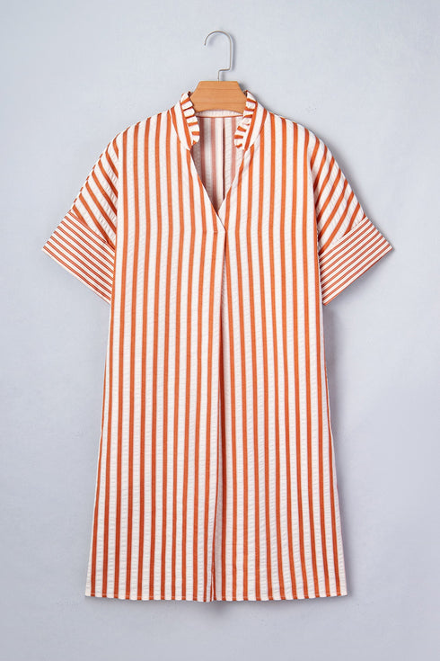 Striped Pinched V Neck Cuffed Shift Mini Dress