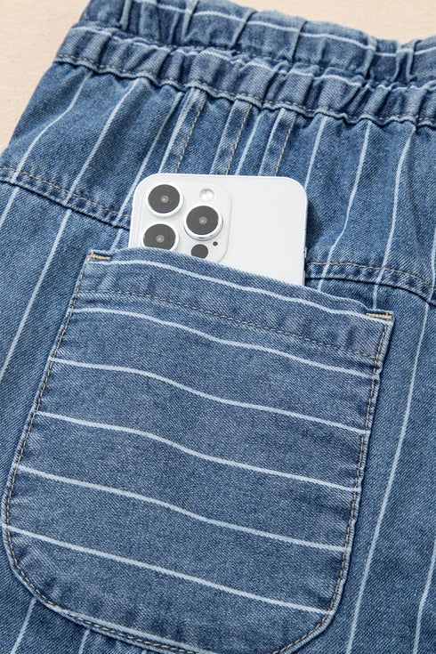 Striped Pleated Drawstring Waist Wide Leg Jeans
