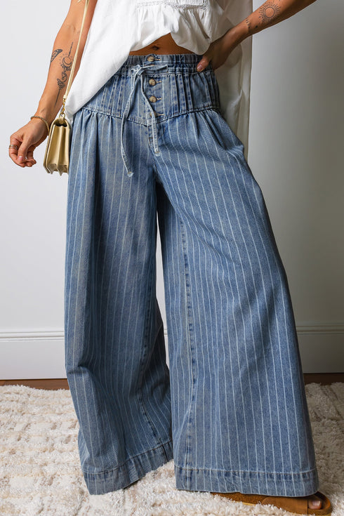 Striped Pleated Drawstring Waist Wide Leg Jeans
