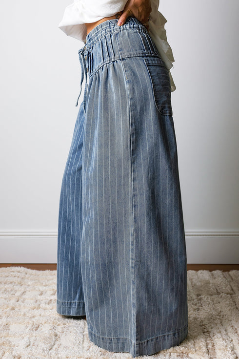 Striped Pleated Drawstring Waist Wide Leg Jeans