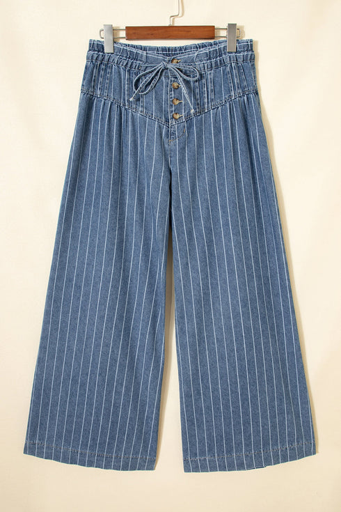 Striped Pleated Drawstring Waist Wide Leg Jeans