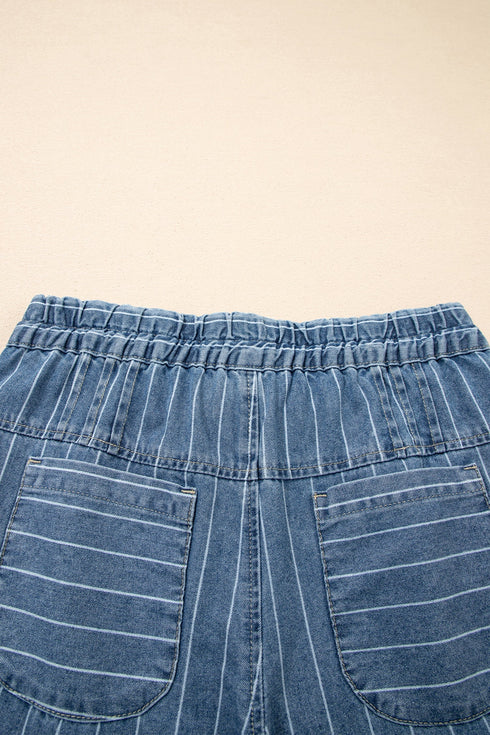 Striped Pleated Drawstring Waist Wide Leg Jeans