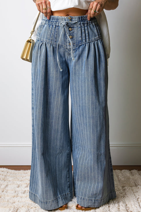 Striped Pleated Drawstring Waist Wide Leg Jeans
