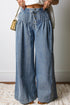 Striped Pleated Drawstring Waist Wide Leg Jeans