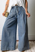 Striped Pleated Drawstring Waist Wide Leg Jeans