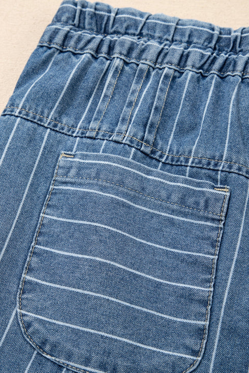Striped Pleated Drawstring Waist Wide Leg Jeans