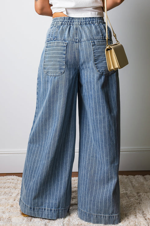 Striped Pleated Drawstring Waist Wide Leg Jeans