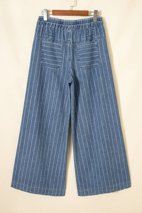 Striped Pleated Drawstring Waist Wide Leg Jeans