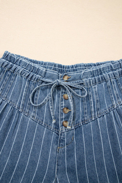 Striped Pleated Drawstring Waist Wide Leg Jeans