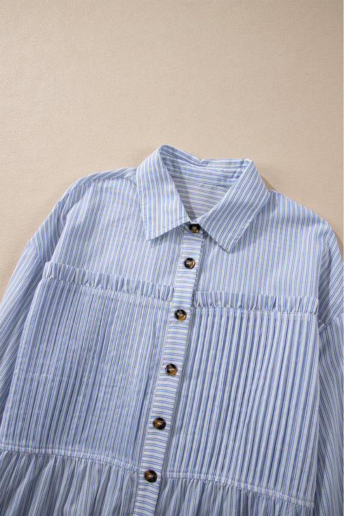 Striped Pleated Tiered Button Down Shirt