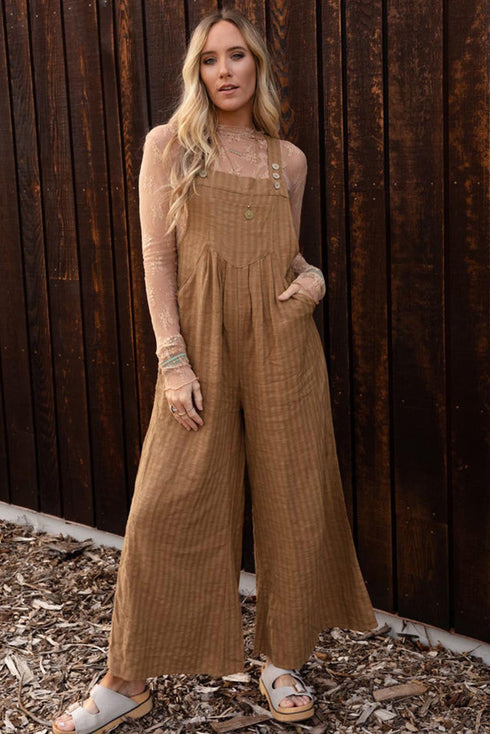 Striped Pleated Wide Leg Pocketed Jumpsuit