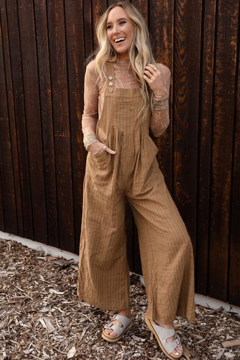 Striped Pleated Wide Leg Pocketed Jumpsuit