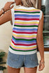 Striped Pointelle Knit Crew Neck Sleeveless Tank Top